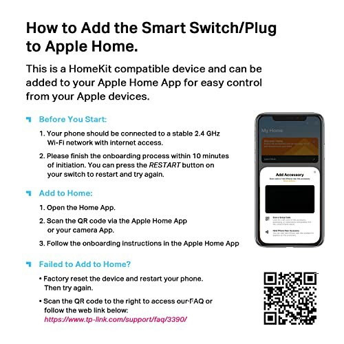 Instructions for adding smart switch to Apple Home with QR code.