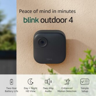 Blink Outdoor 4 security camera mounted on wall with features listed.