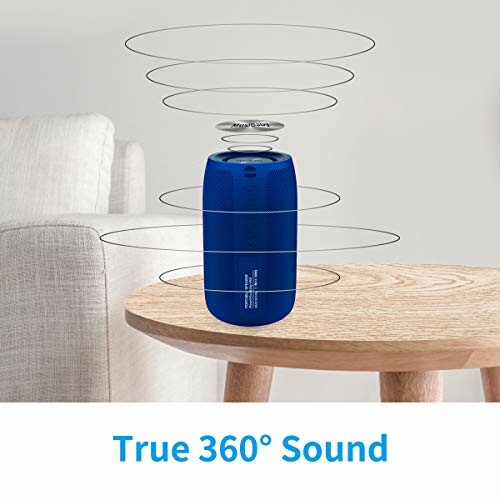 Blue Bluetooth speaker on table with 360-degree sound visualization.