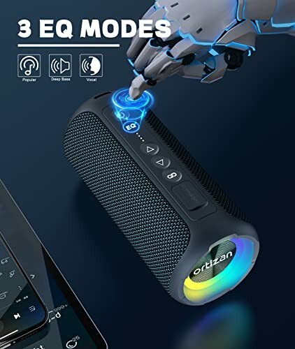 Bluetooth speaker with EQ modes showing robot hand adjusting settings