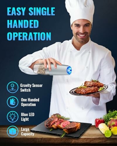 Chef using electric pepper grinder over steak with features listed.