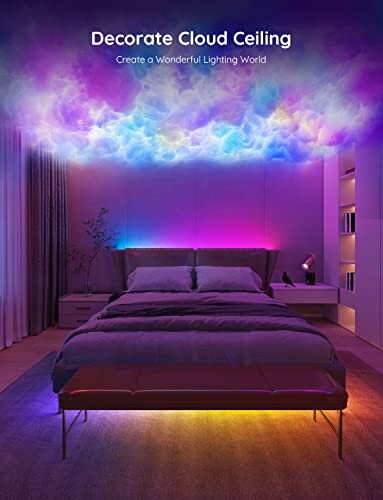 Bedroom with colorful cloud ceiling lighting and modern decor.