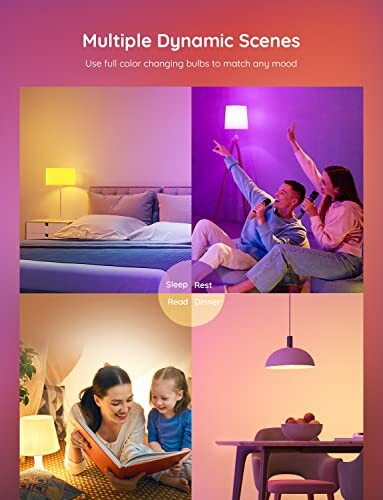 Four scenes showing color changing bulbs: a bedroom, people singing, a woman reading with a child, a dining area.