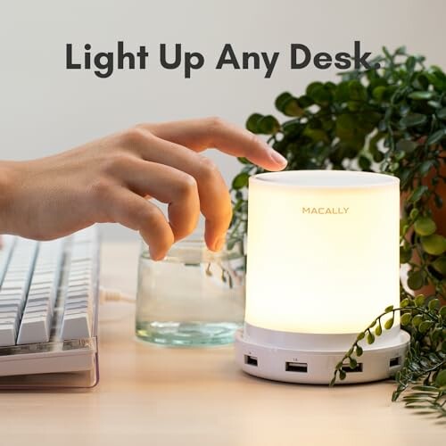 Hand adjusting desk lamp with USB ports, keyboard and plant nearby.