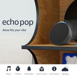 Echo Pop smart speaker on a shelf with features like music, timers, reminders, smart home, information, and weather.