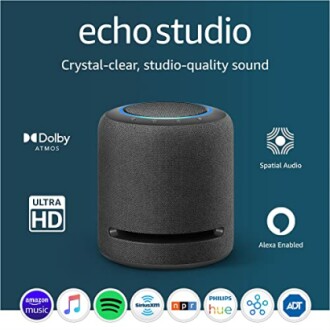 Echo Studio smart speaker with various audio features and app icons.