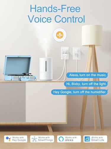 Smart home setup with voice-controlled devices including a humidifier, lamp, and record player