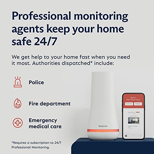 Advertisement for 24/7 home security monitoring with police, fire, and medical dispatch.