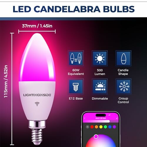 LED candelabra bulb with app control and features.