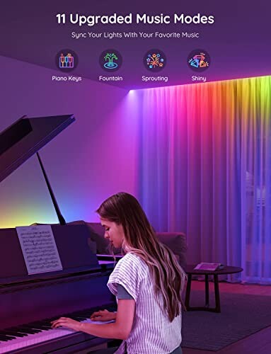 Person playing piano with LED lights in music sync modes.