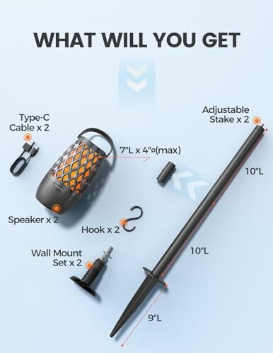 Components of an outdoor lighting kit including Type-C cable, speaker, hook, wall mount set, and adjustable stakes.