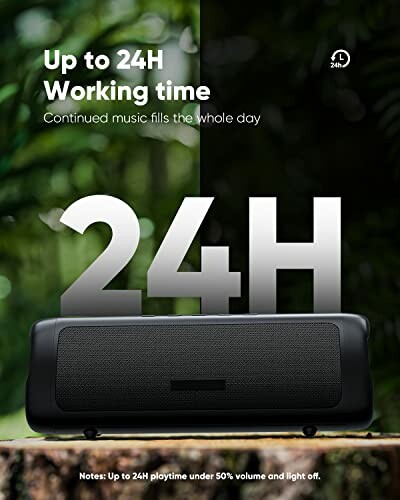 Portable speaker with 24-hour battery life, outdoor background.