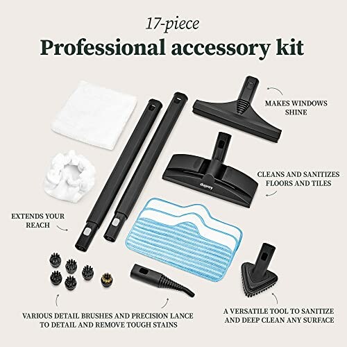 17-piece professional accessory kit with various cleaning tools including brushes, extensions, and floor cleaners.