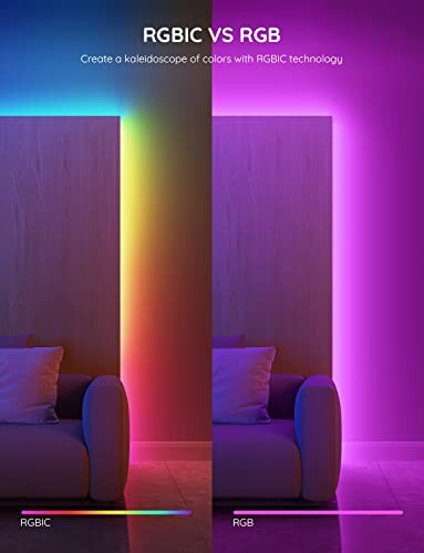 Comparison of RGBIC and RGB lighting effects on a wall behind a couch.