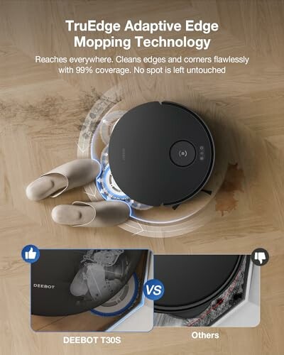 Robot mop showcasing TruEdge Adaptive Edge Mopping Technology with comparison to other mop.