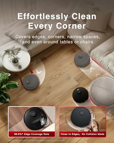 Robot vacuum cleaning around furniture and edges.