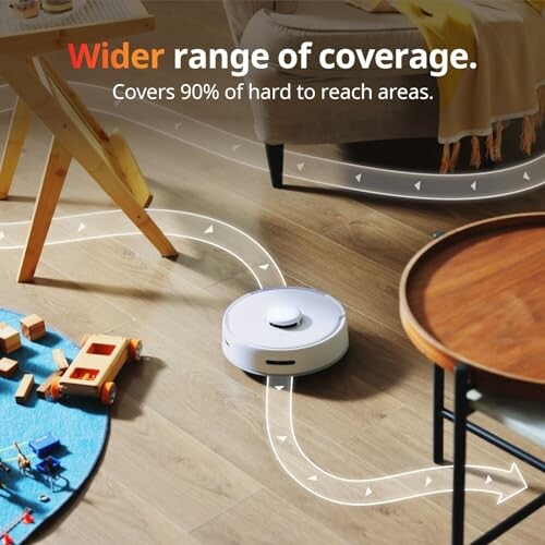 Robot vacuum navigating a room with diagram showing coverage.