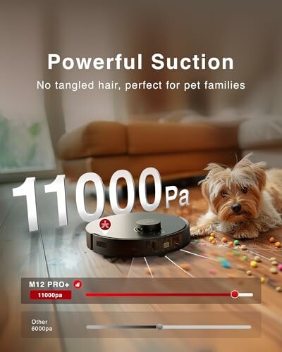 Robot vacuum cleaner on wooden floor with dog and scattered pet food.