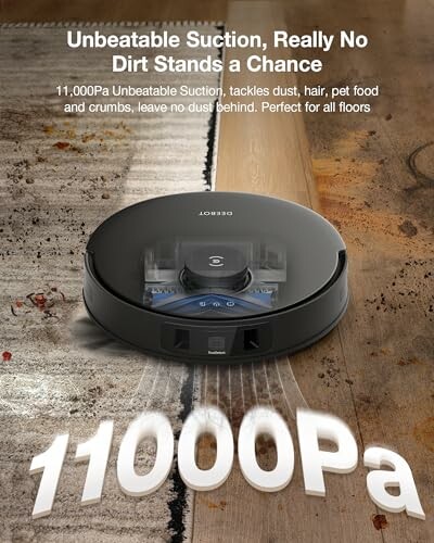 Robot vacuum on wooden floor with text highlighting 11000Pa suction power.