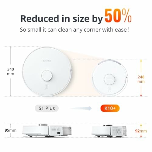 Robot vacuum size comparison between S1 Plus and K10+ showing reduced dimensions.