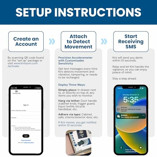 Setup instructions for Kini device with steps to create an account, attach to detect movement, and start receiving SMS alerts.