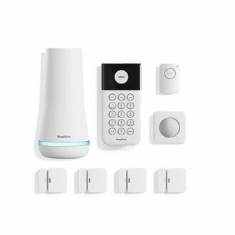 SimpliSafe home security system with base station, keypad, and sensors.