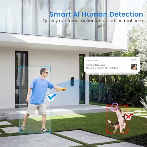 AI system detecting human and dog near a modern house.