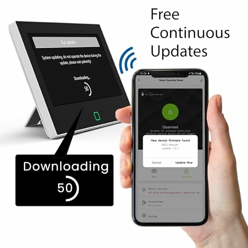 Smart device displaying firmware update process with smartphone in hand.