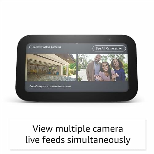 Smart display showing multiple camera live feeds with a family and a garage scene.