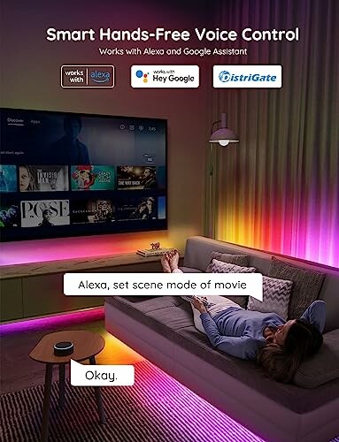 Person using voice control to set movie scene mode on a smart TV system.