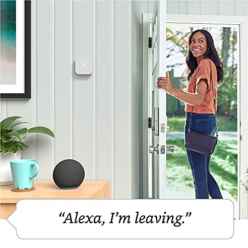 Woman using voice command with smart home assistant device.