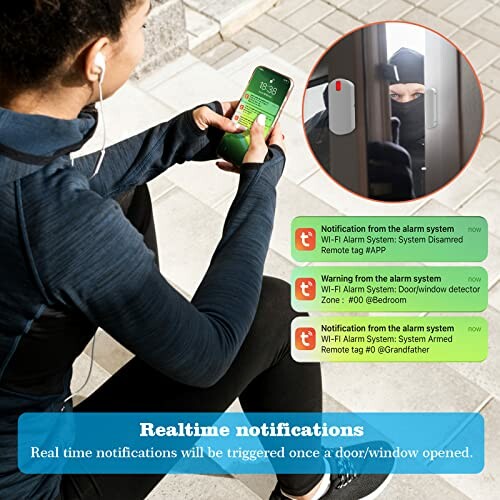 Person receiving real-time security notifications on smartphone while exercising.