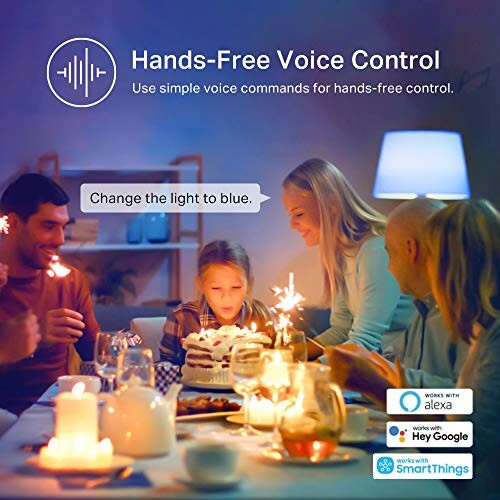 Family using hands-free voice control for smart home lighting.