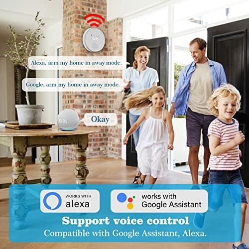 Family using smart home voice control with Alexa and Google Assistant.