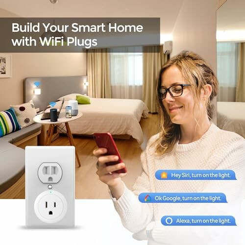 Woman using smartphone for smart home WiFi plugs in bedroom.