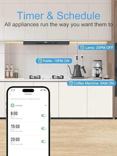 Smart kitchen with scheduled appliances displayed on a phone.