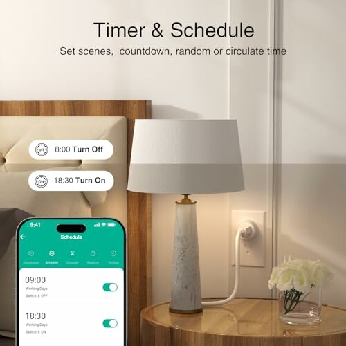 Smart lamp with timer and schedule settings displayed on a mobile app.