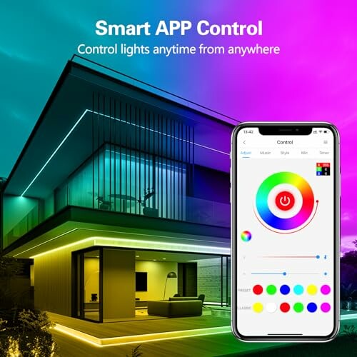 Smart app controls home lighting with color options.