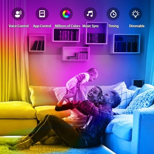 Family in living room with smart lighting features like voice control and music sync.