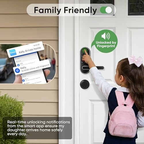 Child unlocking door with smart fingerprint lock.