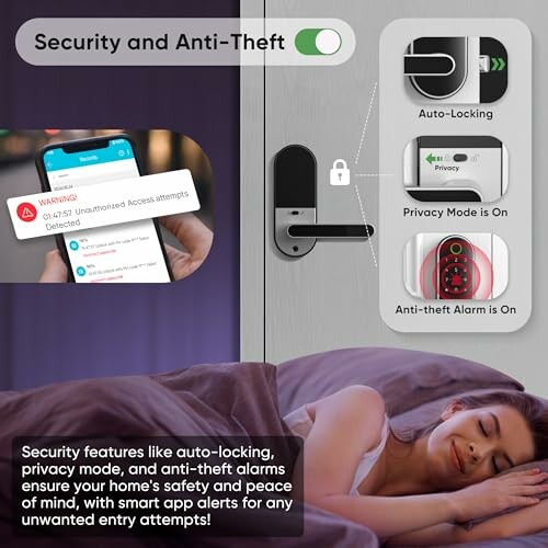 Smart lock with security features including auto-locking, privacy mode, and anti-theft alarm.