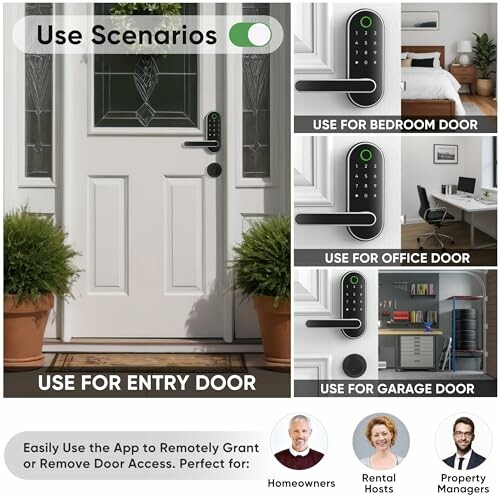 Smart lock usage scenarios for entry, bedroom, office, and garage doors.