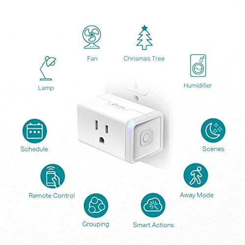 Smart plug with icons for various features and devices.