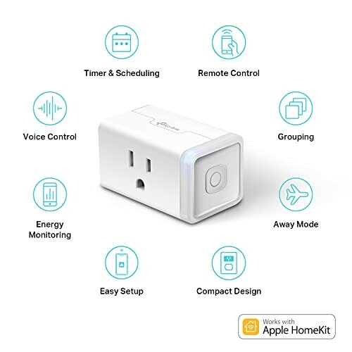 Smart plug with features like timer, remote control, voice control, and Apple HomeKit compatibility.