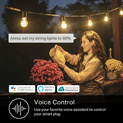 Woman adjusting string lights with voice control using a smart assistant.