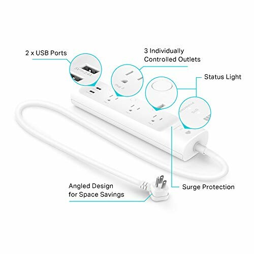 Smart power strip with USB ports, individually controlled outlets, and surge protection