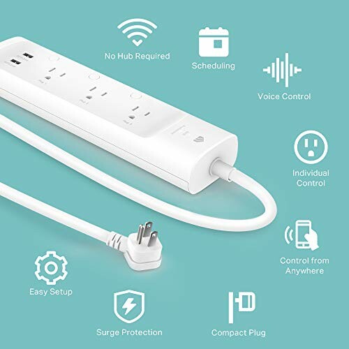 Smart power strip with multiple features displayed on blue background