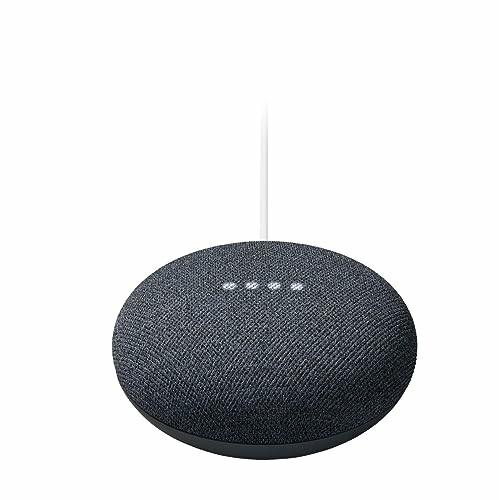 Black smart speaker with fabric cover and LED lights