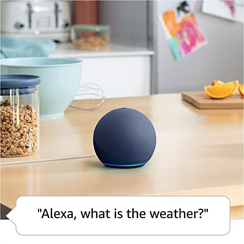 Smart speaker on kitchen counter with cereal and fruit.