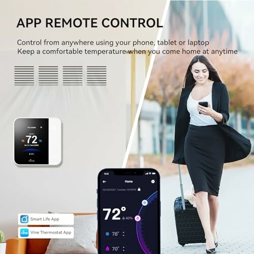 Woman using phone to control smart thermostat remotely.